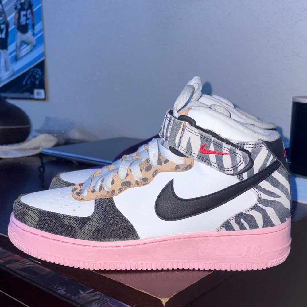 Customized Nike High-Top Air Forces with Animal Print and Pink Accents